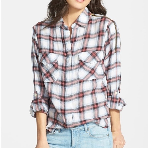 Sam Edelman Zip Shoulder Plaid Shirt Sz XS EUC - Picture 2 of 8